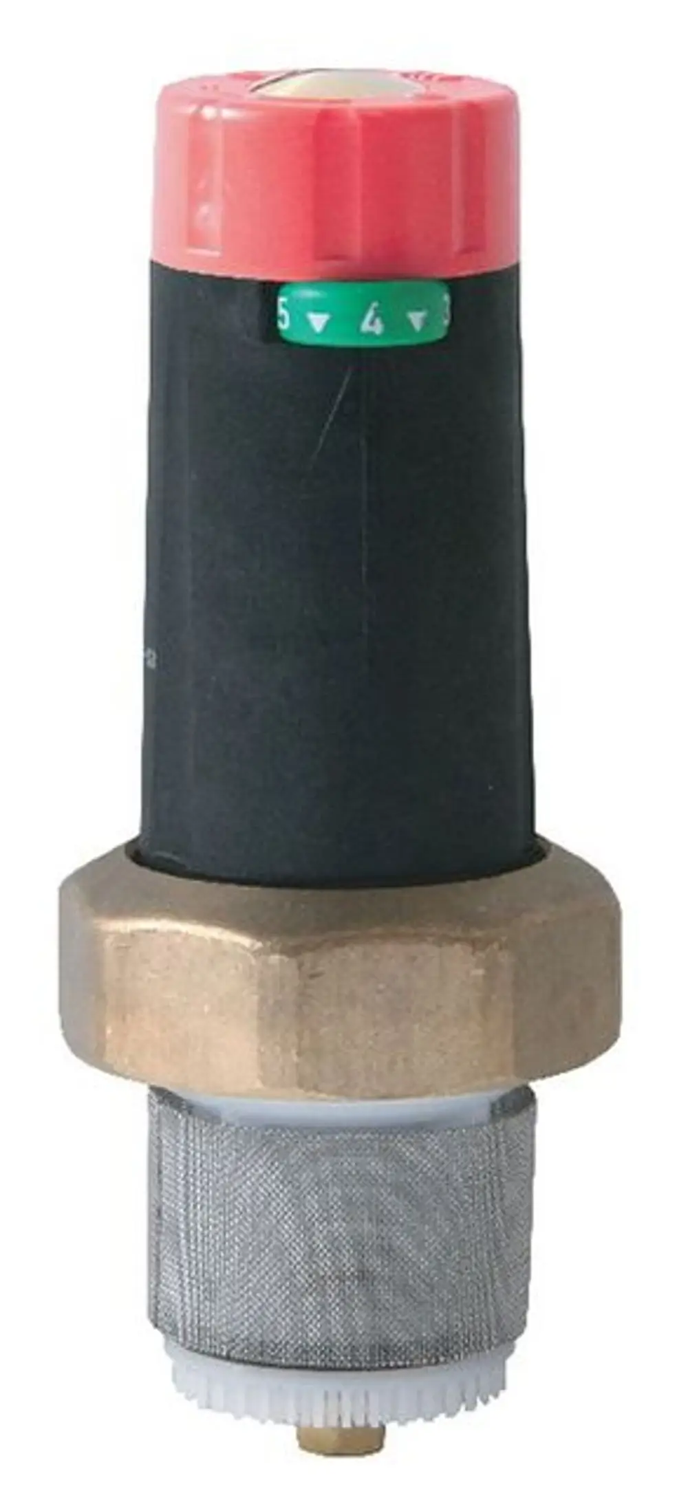 Druckmindererpatrone von Syr mit einem rot-grünen Kopf und einem Metallgewinde. Der untere Teil hat ein Maschenfilter.